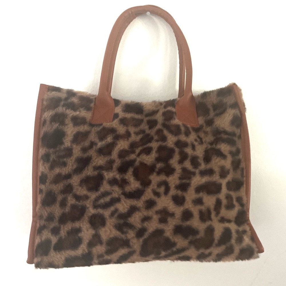 Leopard Print Faux Fur Faux Leather Tote Bag Purse
